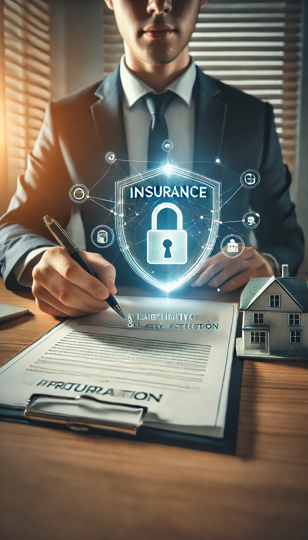 DALL·E 2025-02-19 19.47.15 – A vertical image representing the concept of Insurance & Liability Protection for property management. The image should feature a professional setting