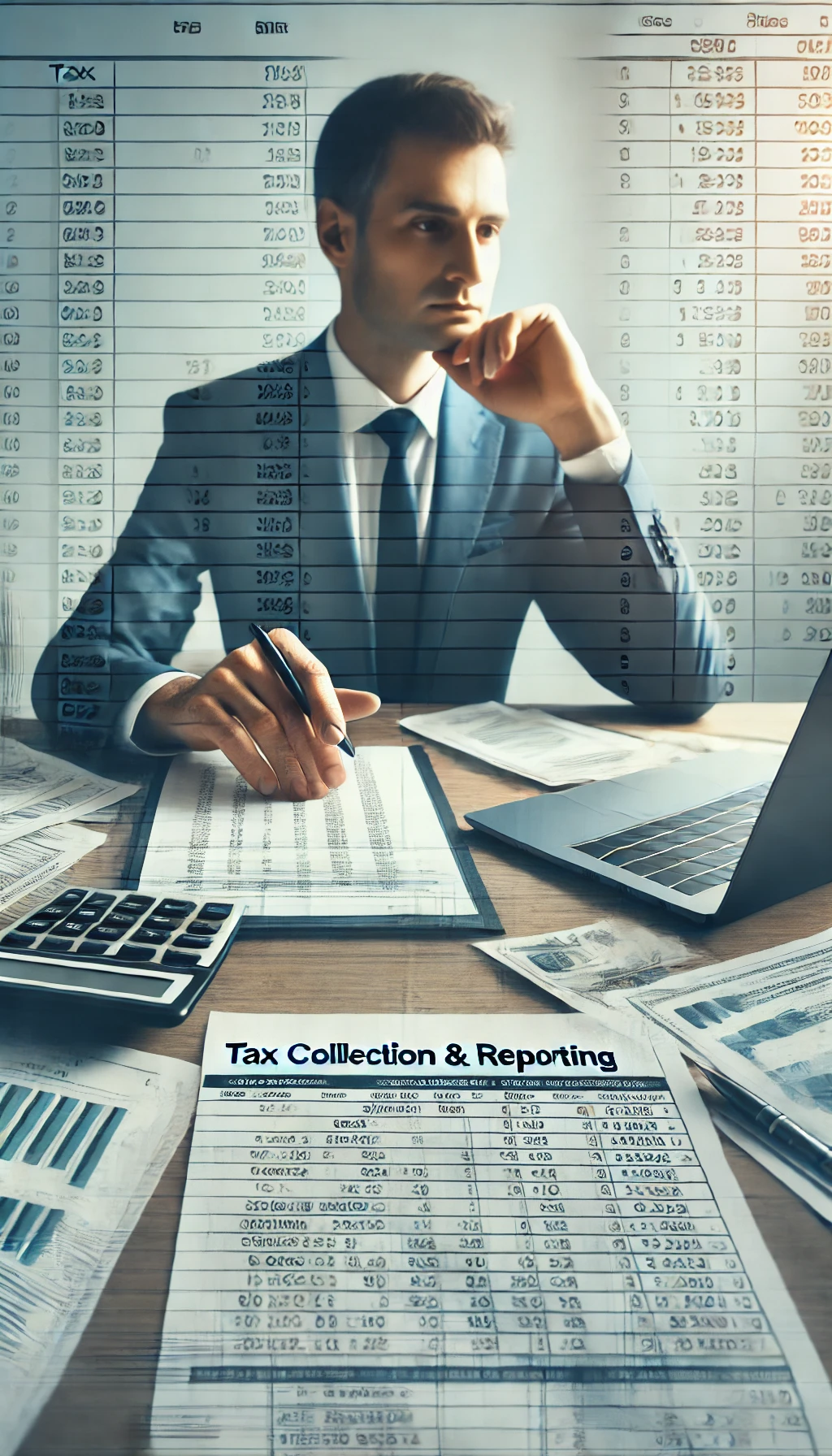 DALL·E 2025-02-19 19.47.17 – A vertical image representing the concept of Tax Collection & Reporting for property management. The image should feature a person sitting at a desk,