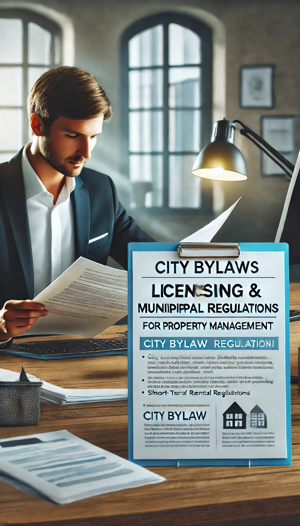 DALL·E 2025-02-19 19.47.20 – A vertical image representing the concept of Licensing & Municipal Regulations for property management. The image should feature a professional settin
